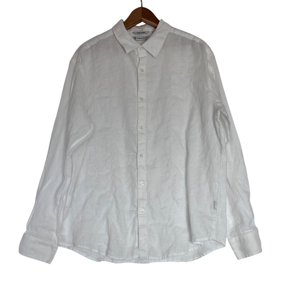 Cubavera Mens White 100% Linen Long Sleeve Pintuck Button Down Shirt Size L
